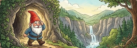 The gnome stepping out of a cave mouth, shading his eyes, into a green valley with a waterfall.