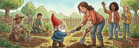 A garden crew at work; one member hands the gnome a trowel.