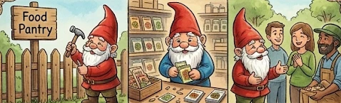 Three scenes: the gnome mending a fence by a Food Pantry sign, sorting seed packets in a store, and greeting the crew.