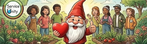 The gnome holding a red heart and giving a thumbs-up, surrounded by the smiling garden crew.
